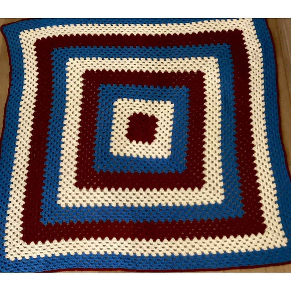 Handmade Afghan Crocheted Red White and Blue Patriotic Throw 56